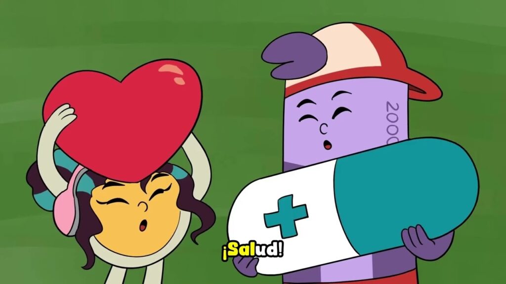 Quina con un gran corazón rojo en la mano y lukas con medicamento en las manos