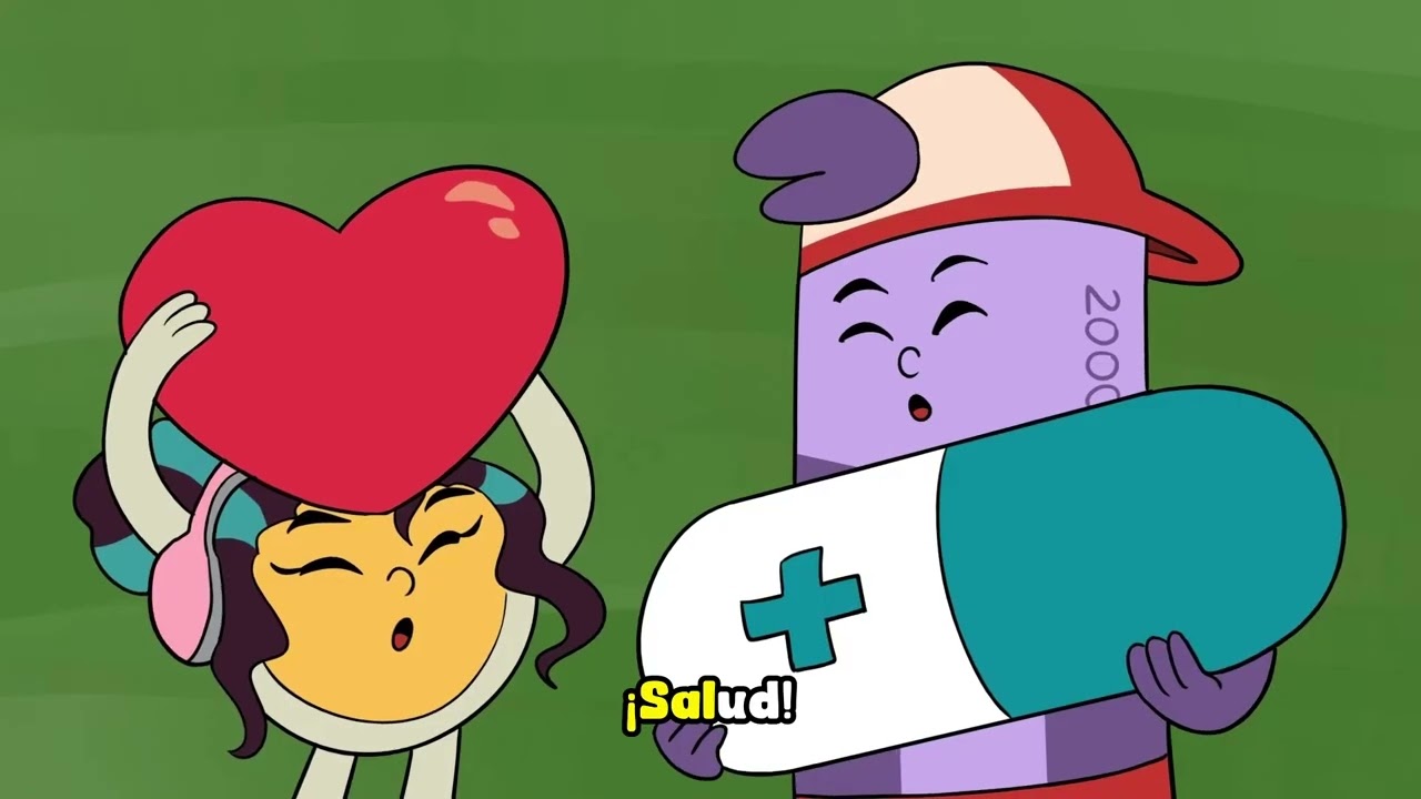 Quina con un gran corazón rojo en la mano y lukas con medicamento en las manos