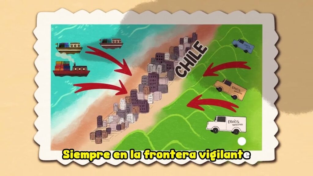Mapa de Chile con camiones y barcos cargueros en dirección al país