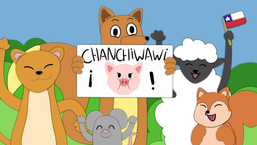 Un grupo de animales con un cartel que dice Chanchiwawi